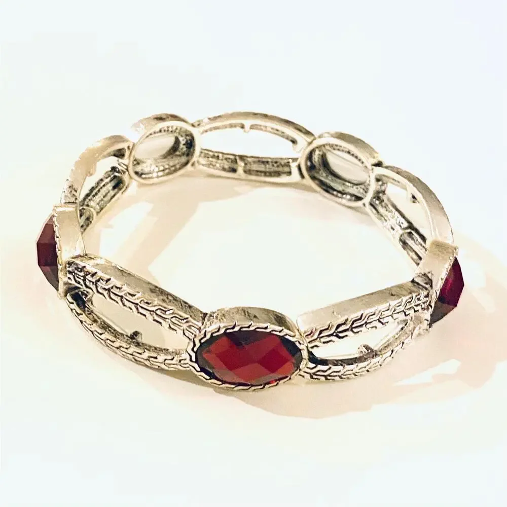 Silver Stretch Bracelet with Garnet Stones